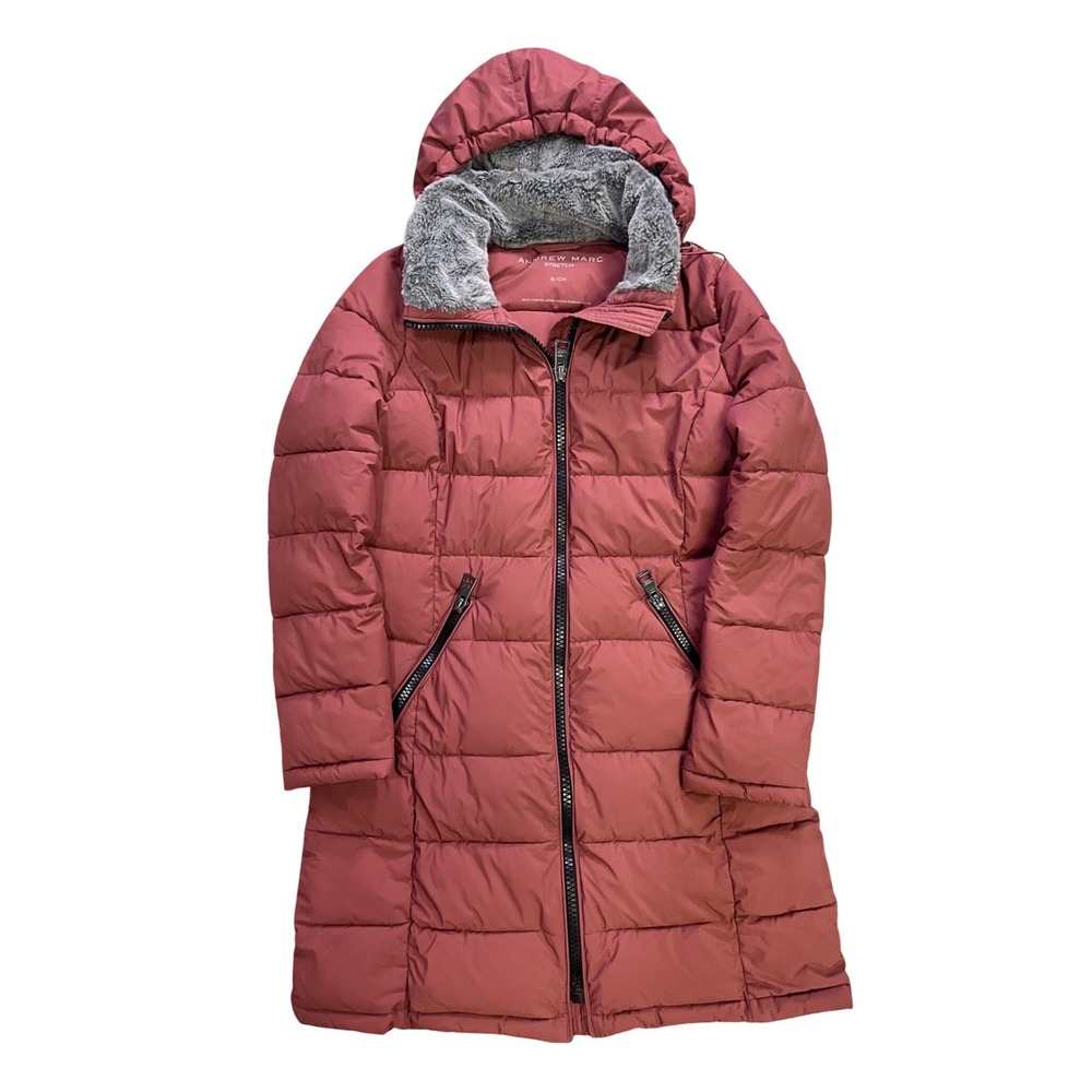 Andrew Marc Stretch Puffer Parka Jacket Rosewood Faux Fur Hooded Women Small